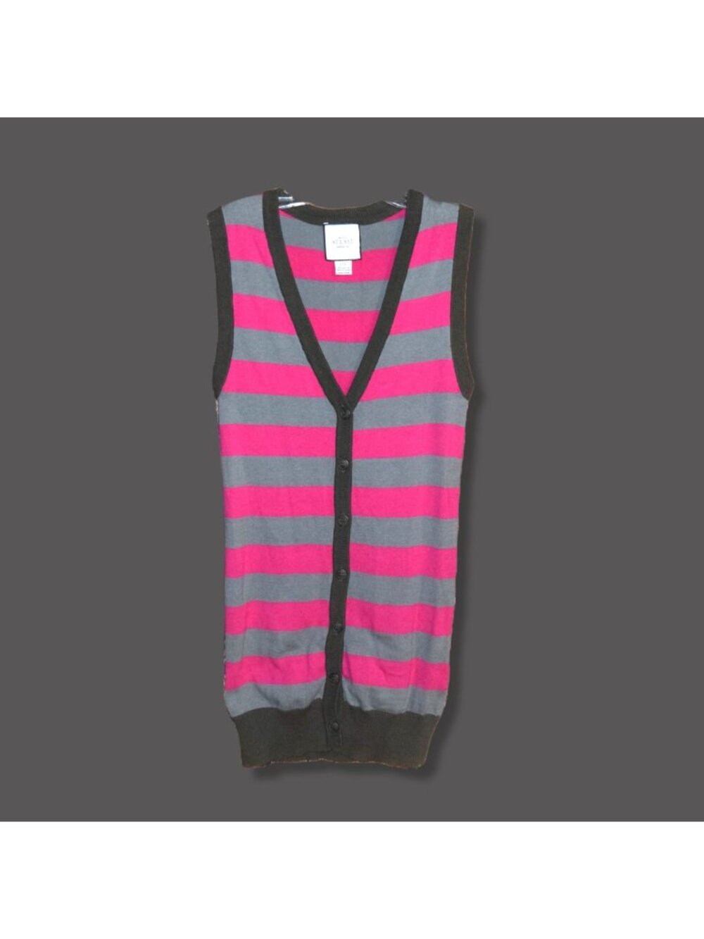 At Last Sz S Striped button front Tunic Length Cardigan Sweater Vest